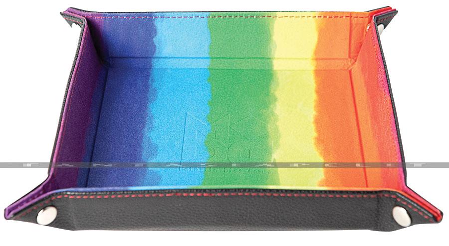 Velvet Folding Dice Tray with Leather Backing: 10 x 10 Inch, Watercolor Rainbow