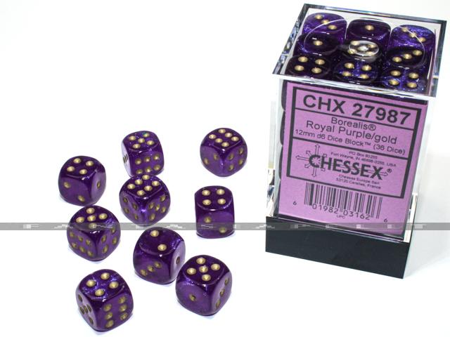 Borealis: 12mm d6 Royal Purple/gold Luminary Dice Block (36 dice) 