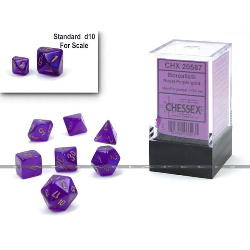 Borealis: Mini-Polyhedral Royal Purple/gold Luminary 7-Die Set