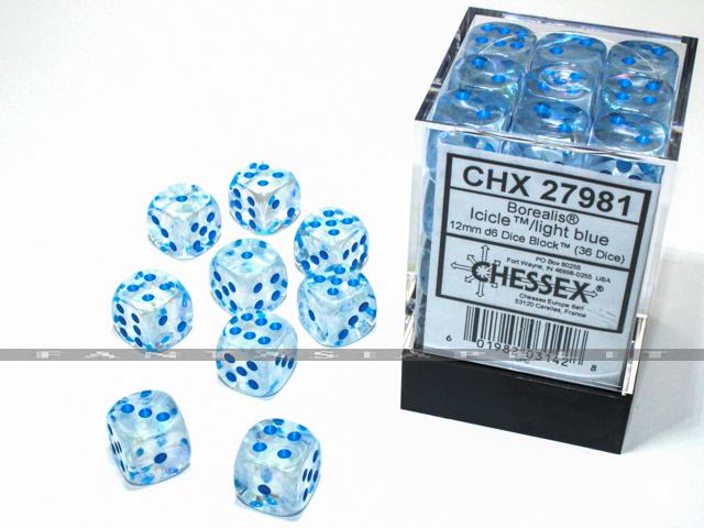 Borealis: 12mm d6 Icicle/light blue Luminary Dice Block (36 dice) 