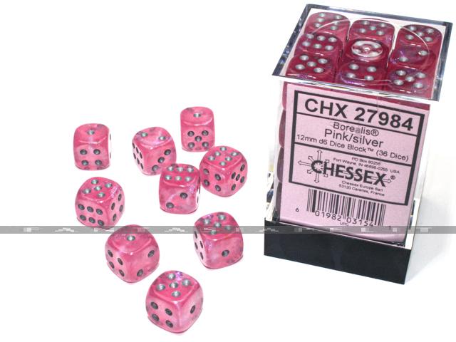 Borealis: 12mm d6 Pink/silver Luminary Dice Block (36 dice) 