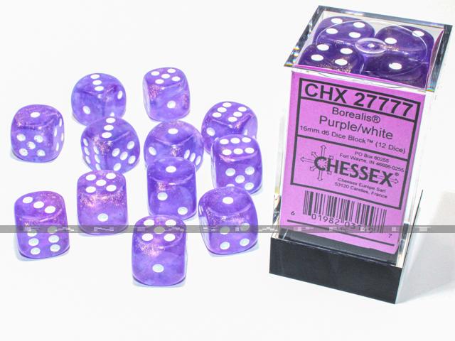 Borealis: 16mm d6 Purple/white Luminary Dice Block (12 dice) 